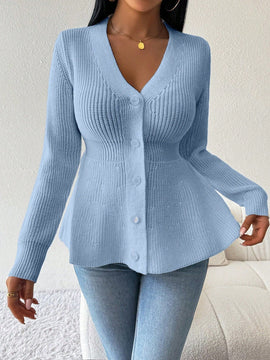 Lune cardigan elegante de mujer con cuello en v, cintura cenida y volantes en el bajo