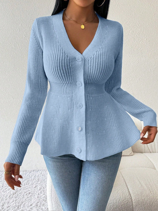 Lune cardigan elegante de mujer con cuello en v, cintura cenida y volantes en el bajo