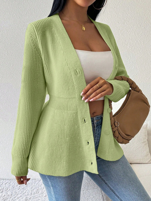 Lune cardigan elegante de mujer con cuello en v, cintura cenida y volantes en el bajo