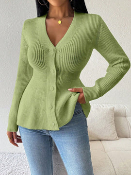 Lune cardigan elegante de mujer con cuello en v, cintura cenida y volantes en el bajo