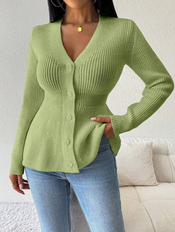 Lune cardigan elegante de mujer con cuello en v, cintura cenida y volantes en el bajo