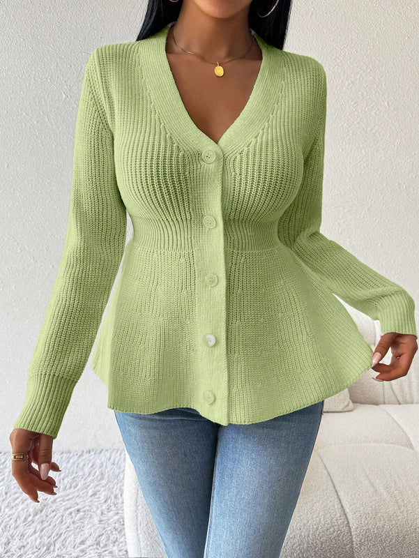 Lune cardigan elegante de mujer con cuello en v, cintura cenida y volantes en el bajo
