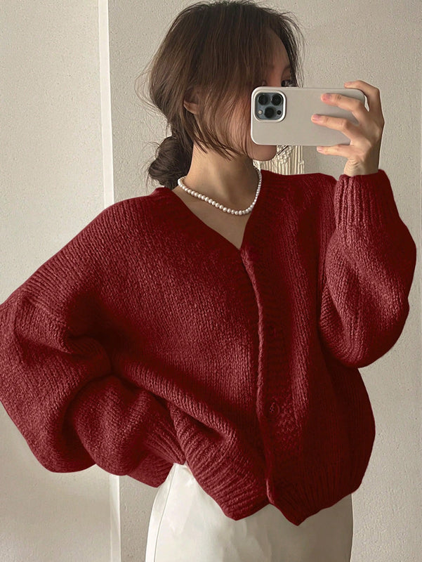 Dazy cardigan holgado de punto de color liso con cuello en v para mujer