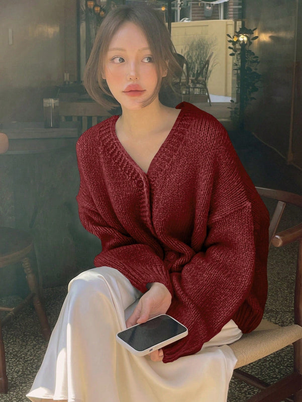 Dazy cardigan holgado de punto de color liso con cuello en v para mujer