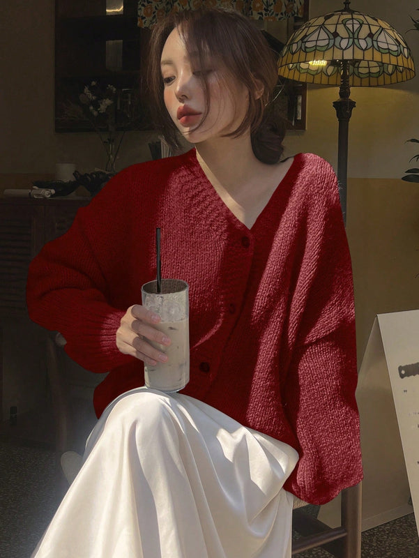 Dazy cardigan holgado de punto de color liso con cuello en v para mujer