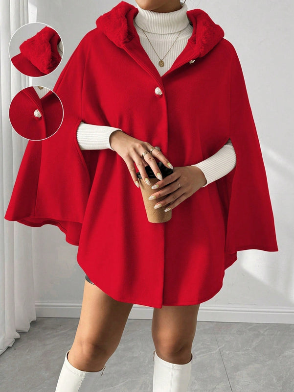 Prive poncho de abrigo con capucha y cuello de piel, de unicolor, de uso casual diario, para otono/invierno