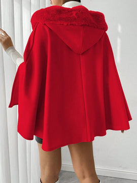 Prive poncho de abrigo con capucha y cuello de piel, de unicolor, de uso casual diario, para otono/invierno