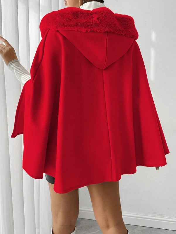 Prive poncho de abrigo con capucha y cuello de piel, de unicolor, de uso casual diario, para otono/invierno