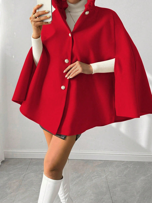 Prive poncho de abrigo con capucha y cuello de piel, de unicolor, de uso casual diario, para otono/invierno