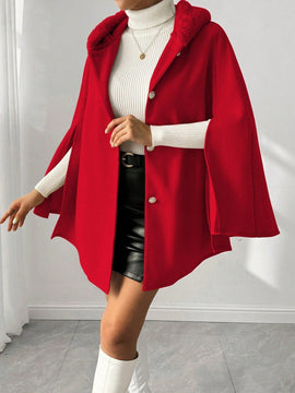 Prive poncho de abrigo con capucha y cuello de piel, de unicolor, de uso casual diario, para otono/invierno