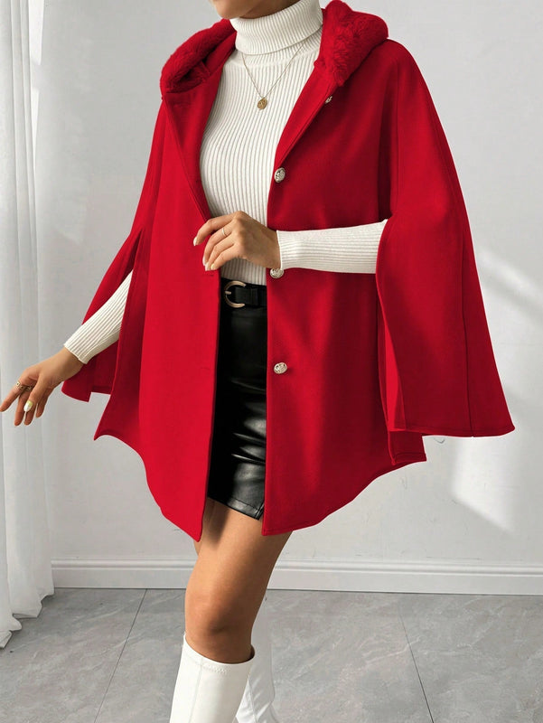 Prive poncho de abrigo con capucha y cuello de piel, de unicolor, de uso casual diario, para otono/invierno