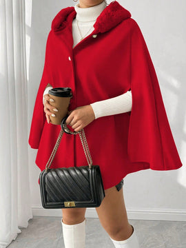Prive poncho de abrigo con capucha y cuello de piel, de unicolor, de uso casual diario, para otono/invierno