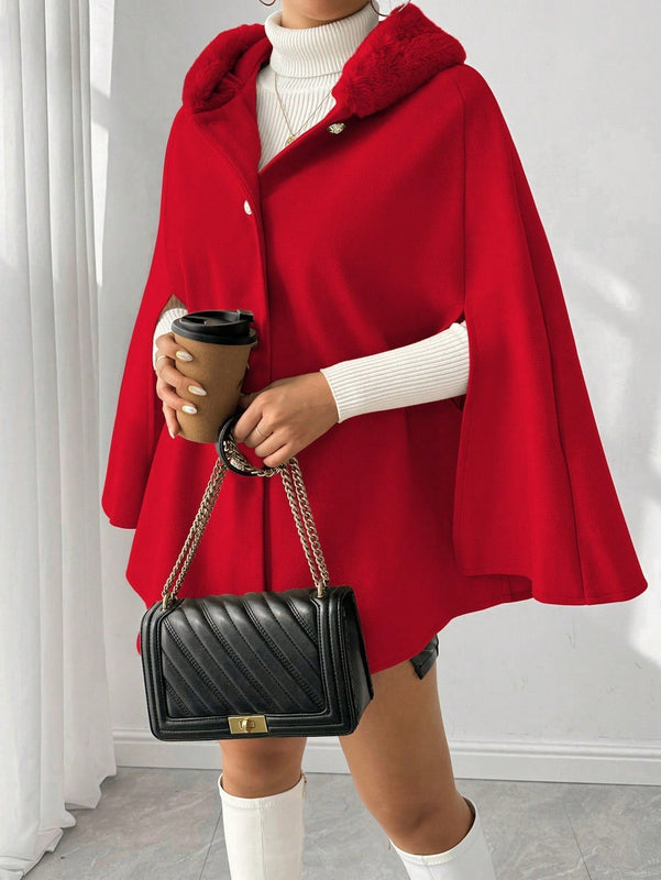 Prive poncho de abrigo con capucha y cuello de piel, de unicolor, de uso casual diario, para otono/invierno