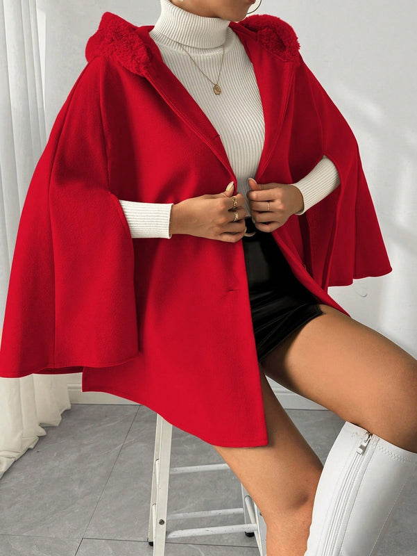 Prive poncho de abrigo con capucha y cuello de piel, de unicolor, de uso casual diario, para otono/invierno