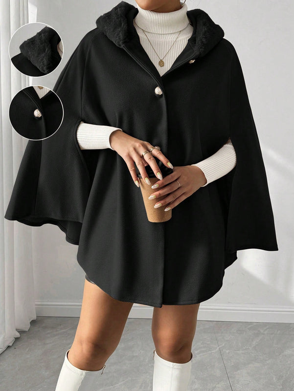 Prive poncho de abrigo con capucha y cuello de piel, de unicolor, de uso casual diario, para otono/invierno
