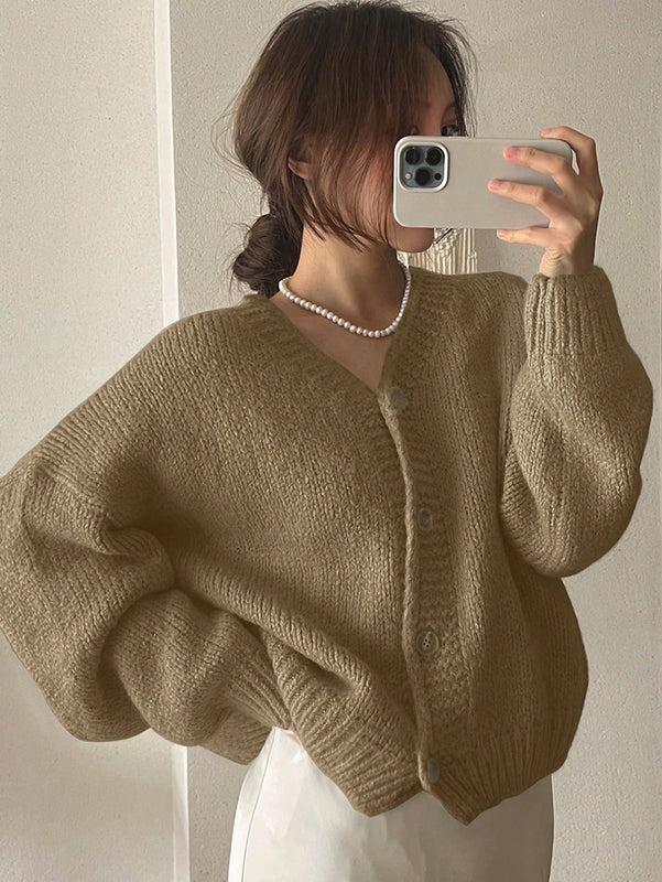 Dazy cardigan holgado de punto de color liso con cuello en v para mujer