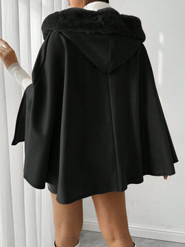 Prive poncho de abrigo con capucha y cuello de piel, de unicolor, de uso casual diario, para otono/invierno
