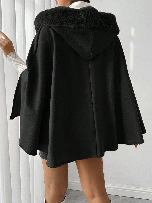 Prive poncho de abrigo con capucha y cuello de piel, de unicolor, de uso casual diario, para otono/invierno