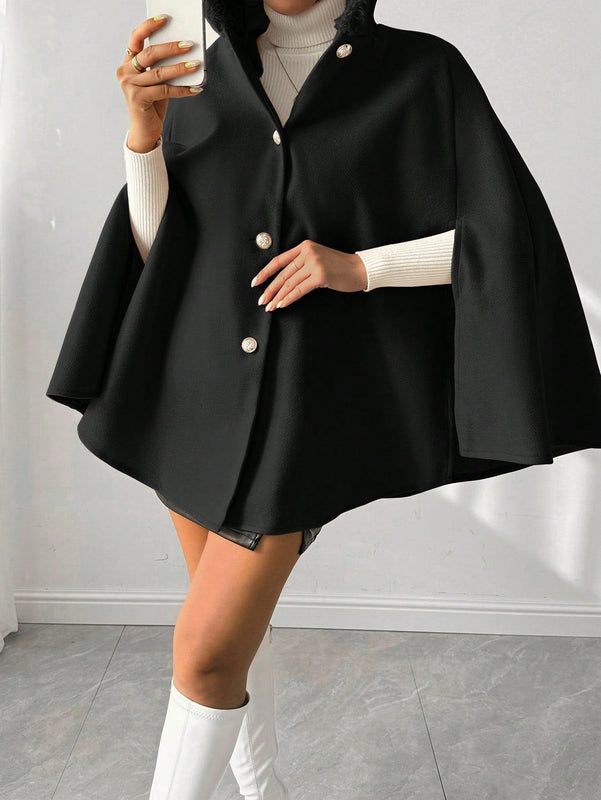 Prive poncho de abrigo con capucha y cuello de piel, de unicolor, de uso casual diario, para otono/invierno
