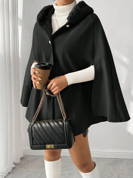 Prive poncho de abrigo con capucha y cuello de piel, de unicolor, de uso casual diario, para otono/invierno