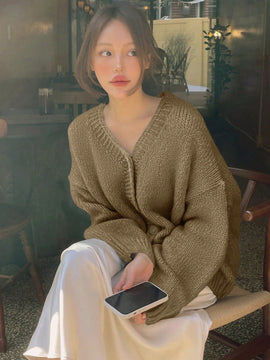 Dazy cardigan holgado de punto de color liso con cuello en v para mujer