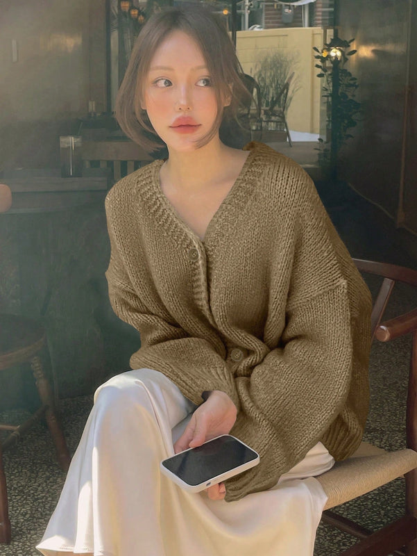 Dazy cardigan holgado de punto de color liso con cuello en v para mujer