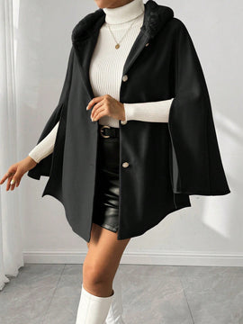 Prive poncho de abrigo con capucha y cuello de piel, de unicolor, de uso casual diario, para otono/invierno