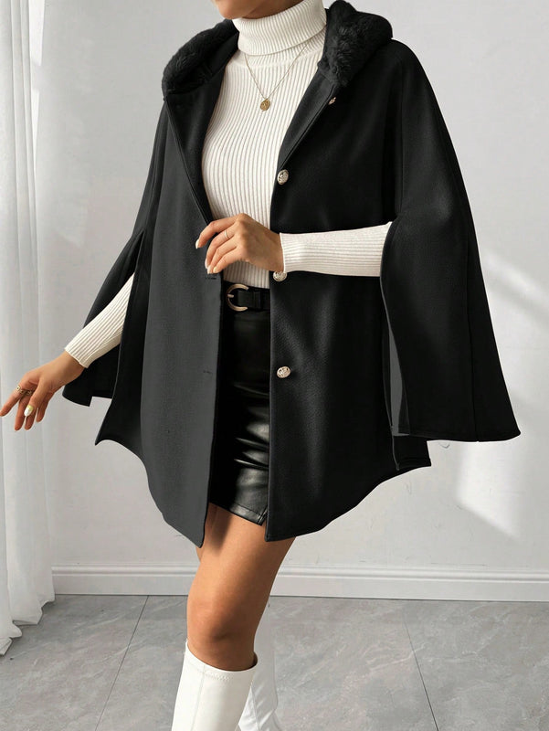 Prive poncho de abrigo con capucha y cuello de piel, de unicolor, de uso casual diario, para otono/invierno