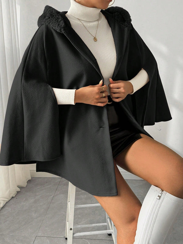 Prive poncho de abrigo con capucha y cuello de piel, de unicolor, de uso casual diario, para otono/invierno