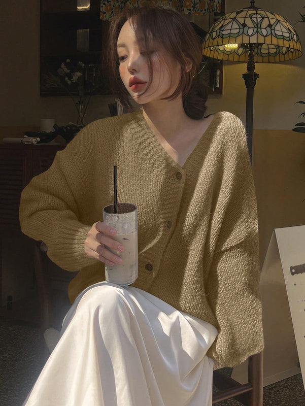 Dazy cardigan holgado de punto de color liso con cuello en v para mujer