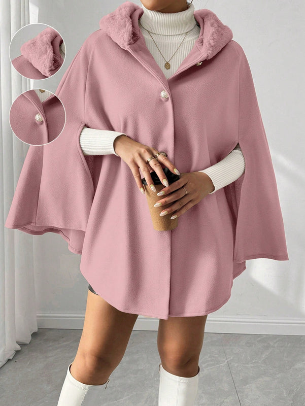 Prive poncho de abrigo con capucha y cuello de piel, de unicolor, de uso casual diario, para otono/invierno