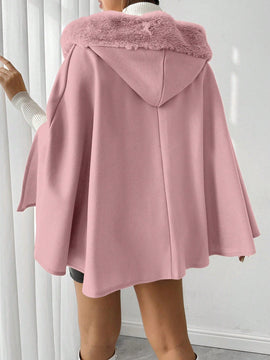 Prive poncho de abrigo con capucha y cuello de piel, de unicolor, de uso casual diario, para otono/invierno