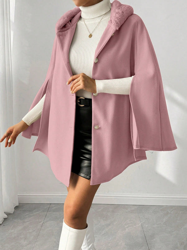 Prive poncho de abrigo con capucha y cuello de piel, de unicolor, de uso casual diario, para otono/invierno