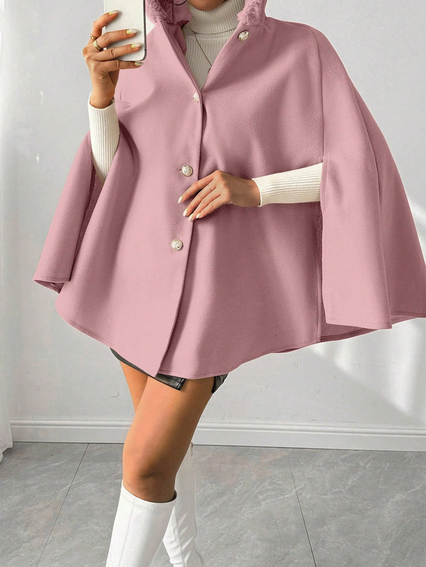 Prive poncho de abrigo con capucha y cuello de piel, de unicolor, de uso casual diario, para otono/invierno