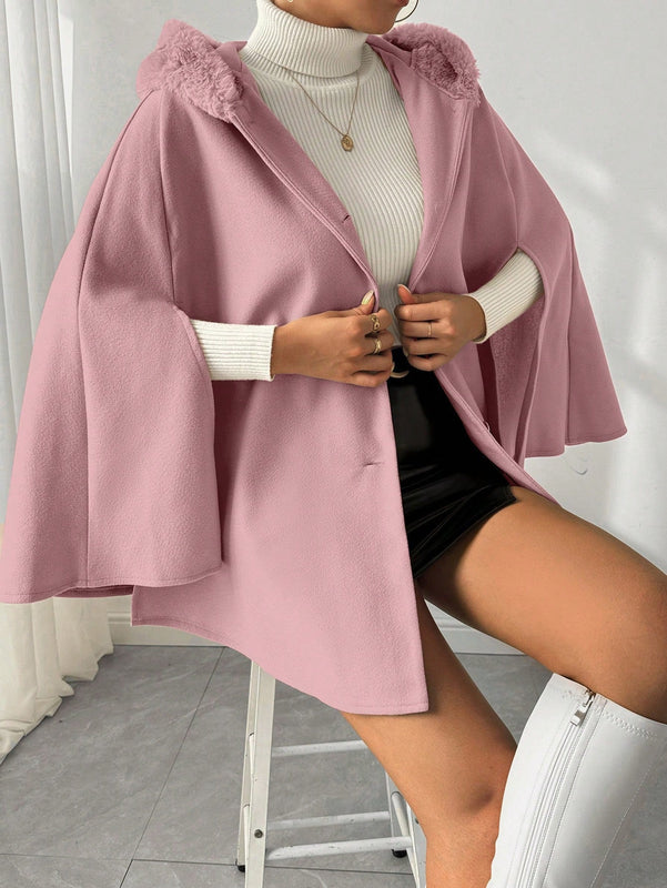 Prive poncho de abrigo con capucha y cuello de piel, de unicolor, de uso casual diario, para otono/invierno