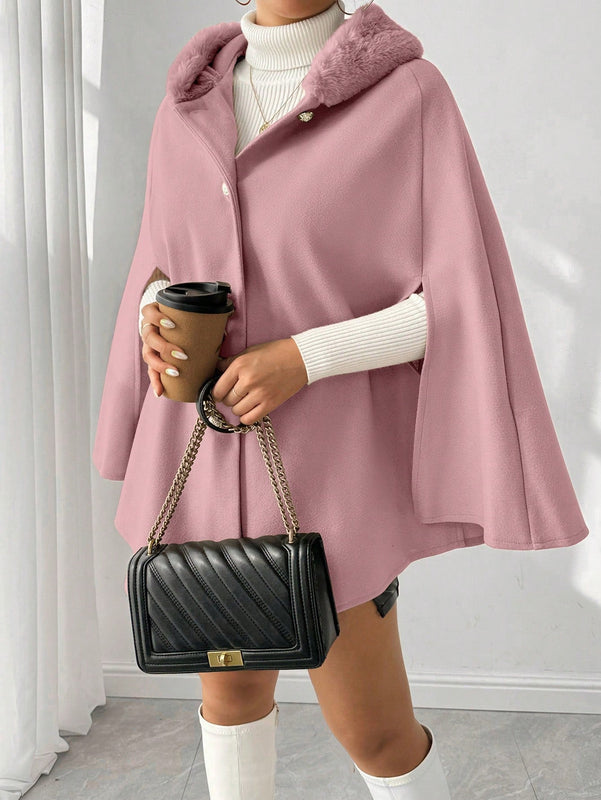 Prive poncho de abrigo con capucha y cuello de piel, de unicolor, de uso casual diario, para otono/invierno