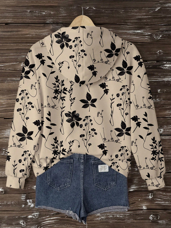 Lune sudadera con capucha de estampado floral vintage todo sobre en estilo minimalista casual, adecuada para otono/invierno