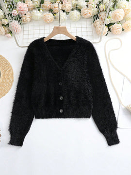 Lune cardigan informal de manga larga de un solo pecho con cuello en v de unicolor para mujeres