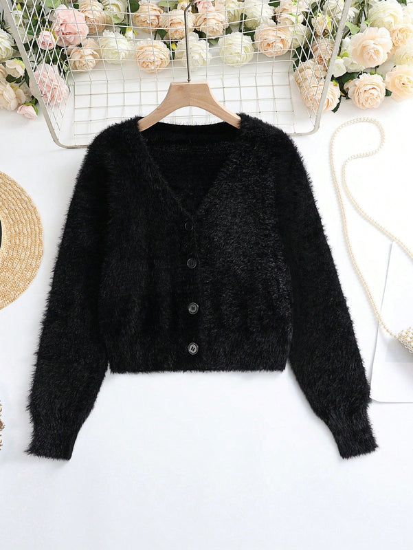 Lune cardigan informal de manga larga de un solo pecho con cuello en v de unicolor para mujeres