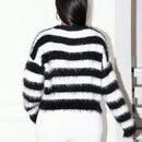 Foxxy cardigan de mujer, blusa de mujer en negro y blanco, cardigan de punto de manga larga, con rayas de piel artificial, sexy, con corte suelto y ajustado, para reuniones con amigos, estilos de otono e invierno, ropa de mujer para todas las