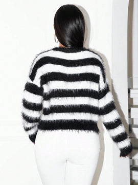 Foxxy cardigan de mujer, blusa de mujer en negro y blanco, cardigan de punto de manga larga, con rayas de piel artificial, sexy, con corte suelto y ajustado, para reuniones con amigos, estilos de otono e invierno, ropa de mujer para todas las