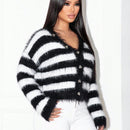 Foxxy cardigan de mujer, blusa de mujer en negro y blanco, cardigan de punto de manga larga, con rayas de piel artificial, sexy, con corte suelto y ajustado, para reuniones con amigos, estilos de otono e invierno, ropa de mujer para todas las