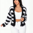Foxxy cardigan de mujer, blusa de mujer en negro y blanco, cardigan de punto de manga larga, con rayas de piel artificial, sexy, con corte suelto y ajustado, para reuniones con amigos, estilos de otono e invierno, ropa de mujer para todas las