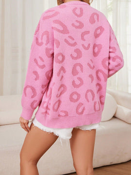 Ezwear cardigan suelto de cuello en v con estampado de leopardo, para otono/invierno