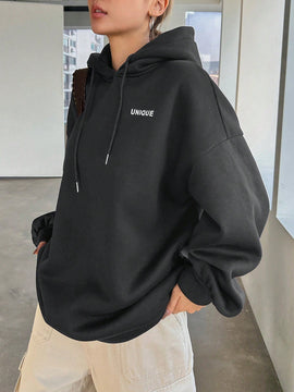 Dazy sudadera larga con capucha, holgada, con cordon y estampado de eslogan casual para mujer, otono
