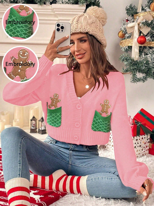 Essnce cardigan de manga larga con grafico de hombre de jengibre minimalista y casual para mujer, navidad