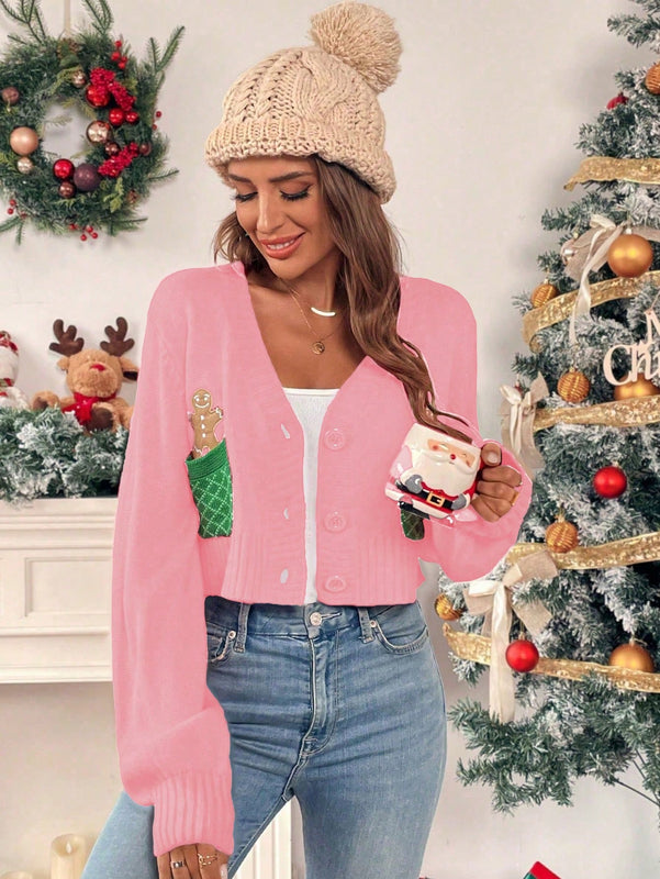 Essnce cardigan de manga larga con grafico de hombre de jengibre minimalista y casual para mujer, navidad