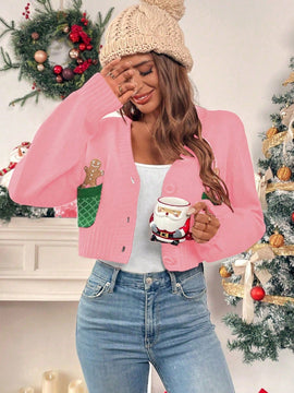 Essnce cardigan de manga larga con grafico de hombre de jengibre minimalista y casual para mujer, navidad