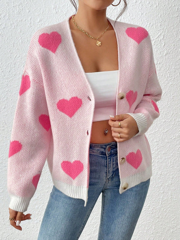 Essnce cardigan informal holgado monobotonadura de manga larga con caida en los hombros y estampado de corazon para mujer, otono/invierno