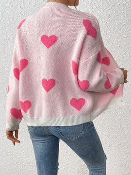 Essnce cardigan informal holgado monobotonadura de manga larga con caida en los hombros y estampado de corazon para mujer, otono/invierno